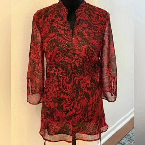 New York City Design Co. Black & Red Paisley Semi See Thru Slit Neck Midi Dress